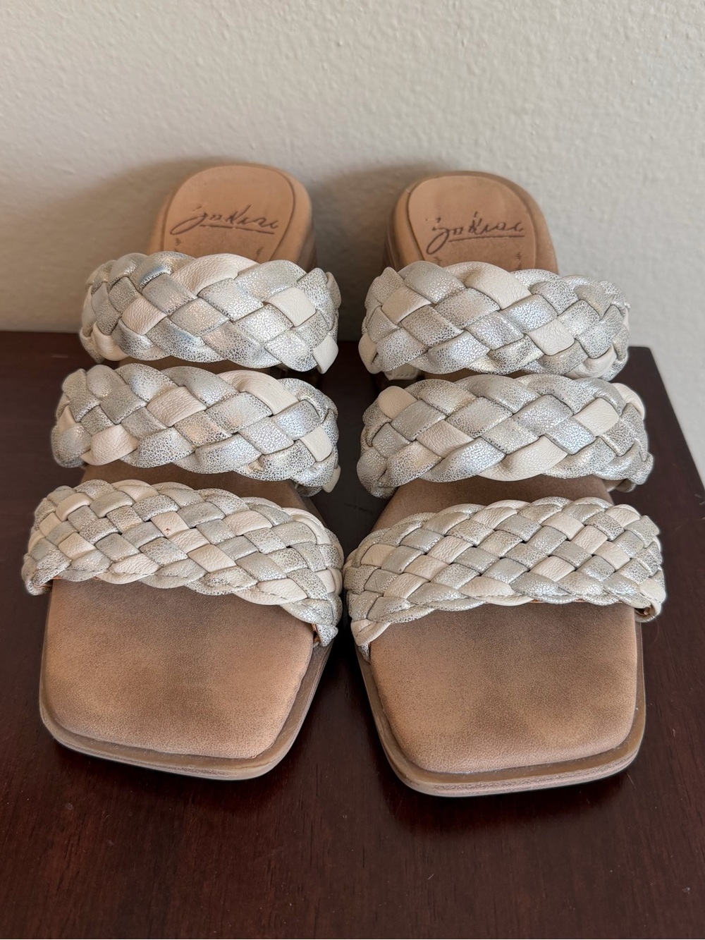 Zodiac Braided Triple-Strap Slide Sandals in Silver and Cream
